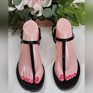 Sleek Black T-Strap Sandals with Flat Sole